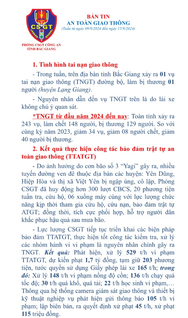 Bản tin An toàn giao thông từ 09/9/2024 - 15/9/2024