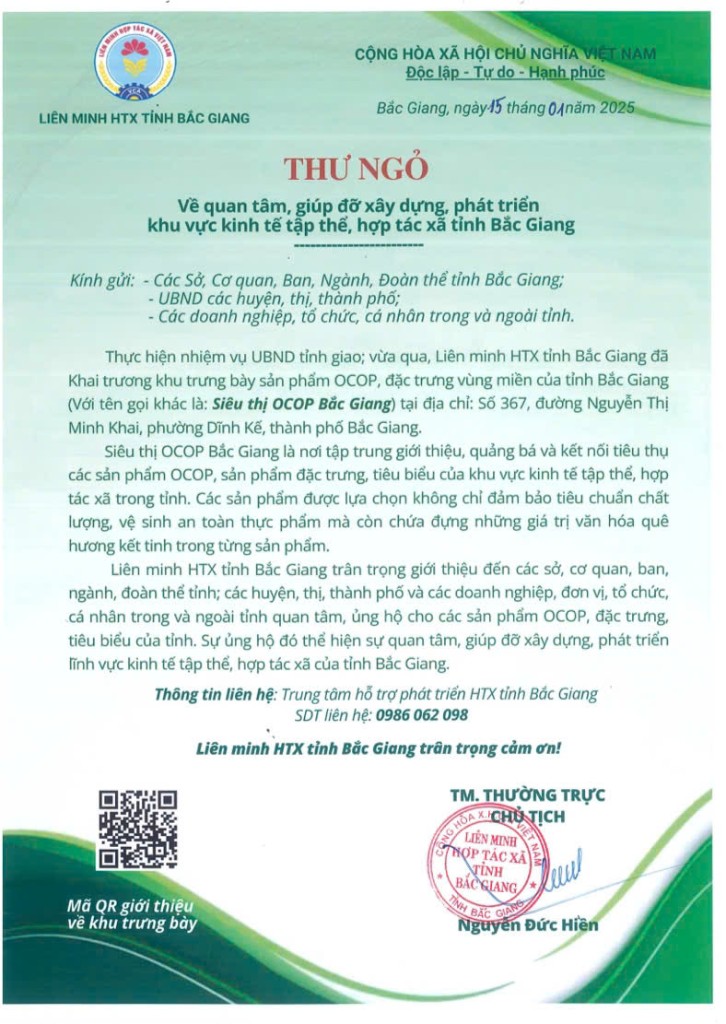 Thư ngỏ Về quan tâm, giúp đỡ xây dựng, phát triển khu vực kinh tế, tập thể, hợp tác xã tỉnh Bắc...