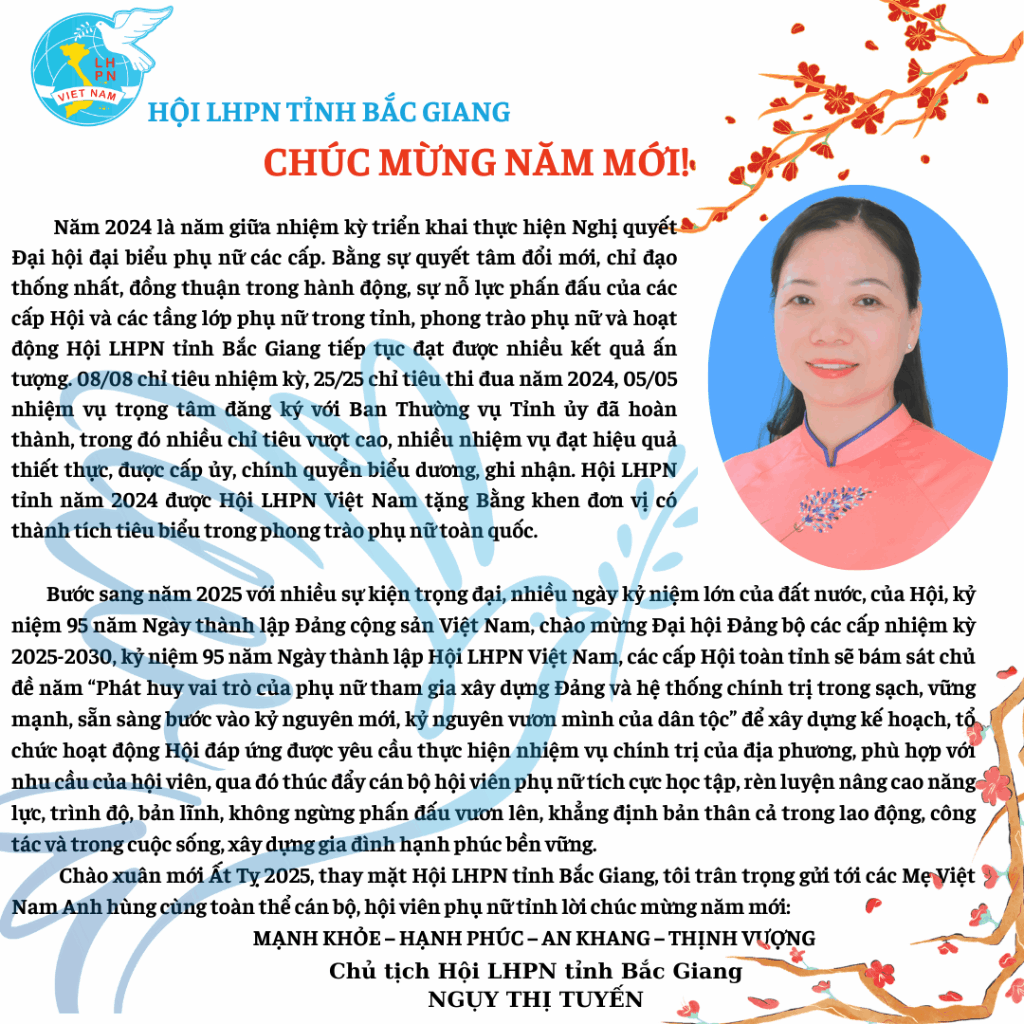 Lời chúc mừng năm mới của đồng chí Ngụy Thị Tuyến - Tỉnh ủy viên - Chủ tịch Hội LHPN tỉnh Bắc Giang